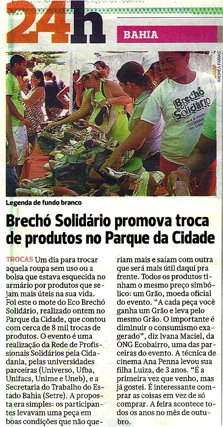 Correio da Bahia - 30-10-11 - Brechó Solidário promova troca de produtos no parque da cidade